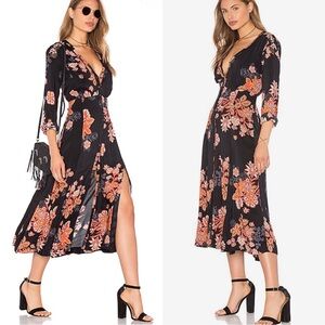 Free People Miranda Floral Midi Dress in Black Combo Sz 0 Sz XS